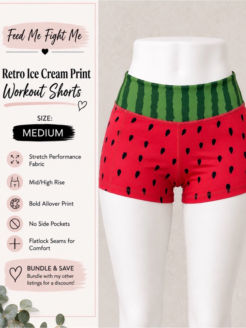 Feed me fight me medium Retro Ice Cream Print Women's Workout Shorts -Watermelon